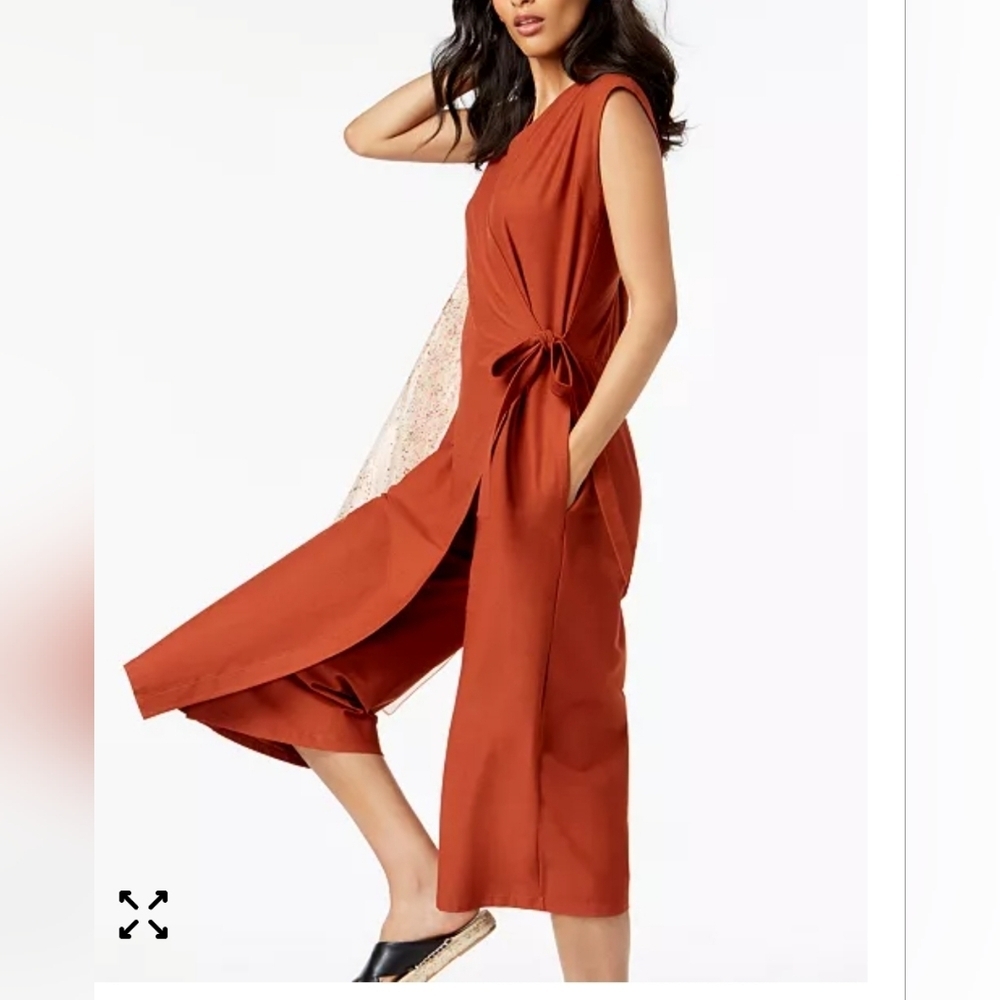 Eileen Fisher Petite Wrap Jumpsuit Crepe Wide Leg Deep Pekoe Rust Cropped PP - Picture 3 of 8